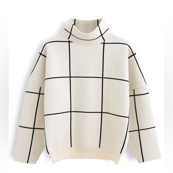 Chic Wish Drop Shoulder Wool Mock Neck Sweater Grid Turtleneck Windowpane - Picture 2 of 15